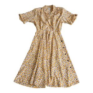 Vintage Darian Yellow Abstract Print Fit & Flare Dress Short Sleeve Size 10 Art